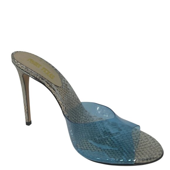 New Rare Paris Texas Metallic Gold Silver Snakeskin Leather Blue PVC Mules 8 38 - Picture 1 of 13